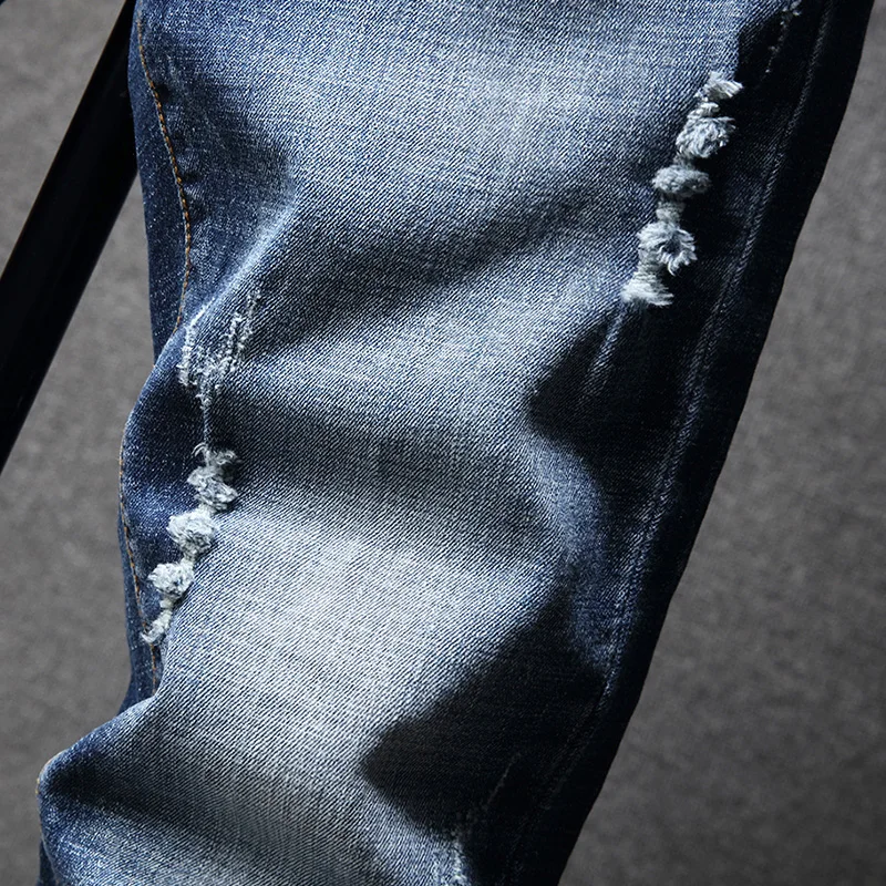 Новые мужские рваные Стрейчевые облегающие Простые повседневные джинсы Уличная
