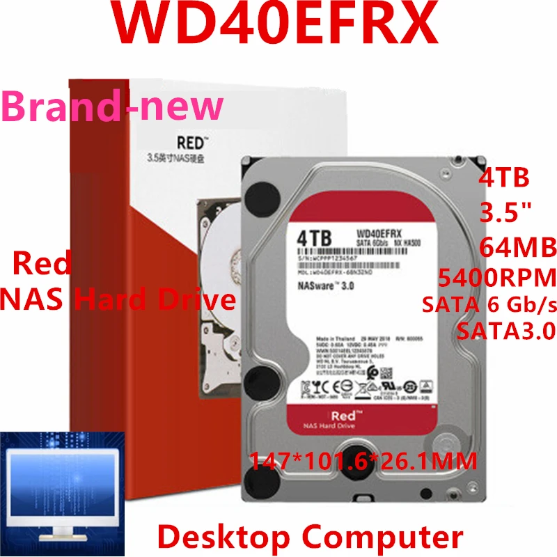 New Original HDD For WD Red 4TB 3.5" SATA 6 Gb/s 64MB 5400RPM For Internal Hard Disk For NAS Hard Drive For WD40EFRX WD40EFAX