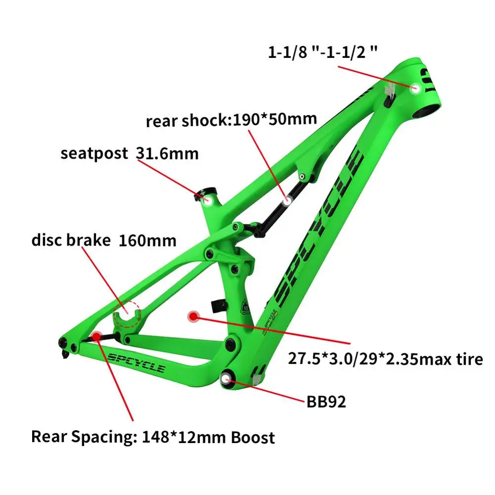 Spcycle XC Carbon Full Suspension Frame 27.5er 29er Mountain Bike 148*12mm Boost MTB 27.5+ BB92 | Спорт и развлечения