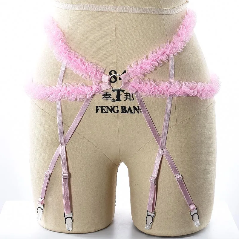 

Women Pink Wedding Garter Harness Hollow Bra Garter Belt Goth Sexy Lingerie Body Harness Bondage Cage Bra Punk Suspenders