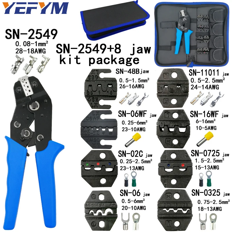 YEFYM SN-2549 0,08-1 мм2 обжимные плоскогубцы набор 8 челюстей для трубки/штепсельной пружины/изоляции/неизоляции большинства типов клемм инструменты - Цвет: SN-2549 8jaw kit