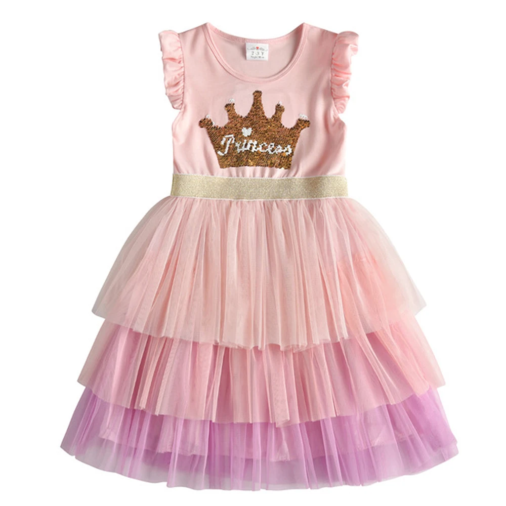 VIKITA Brand Girls Unicorn Summer Dresses Children Sequins Tutu Dress Kids Flare Sleeve Cotton Frocks Baby Girl Princess Clothes