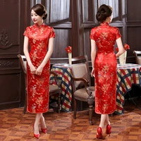 women short sleeve dragon phoenix print chinese cheongsam banquet midi dress