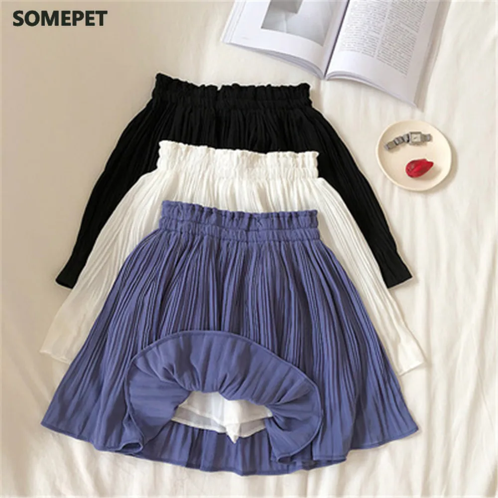 

Spring Summer Korean Chiffon Pleated Mini Skirt Womens High Waist Skirt Pants Sweet Ladies Elastic Waist Slim Skirts