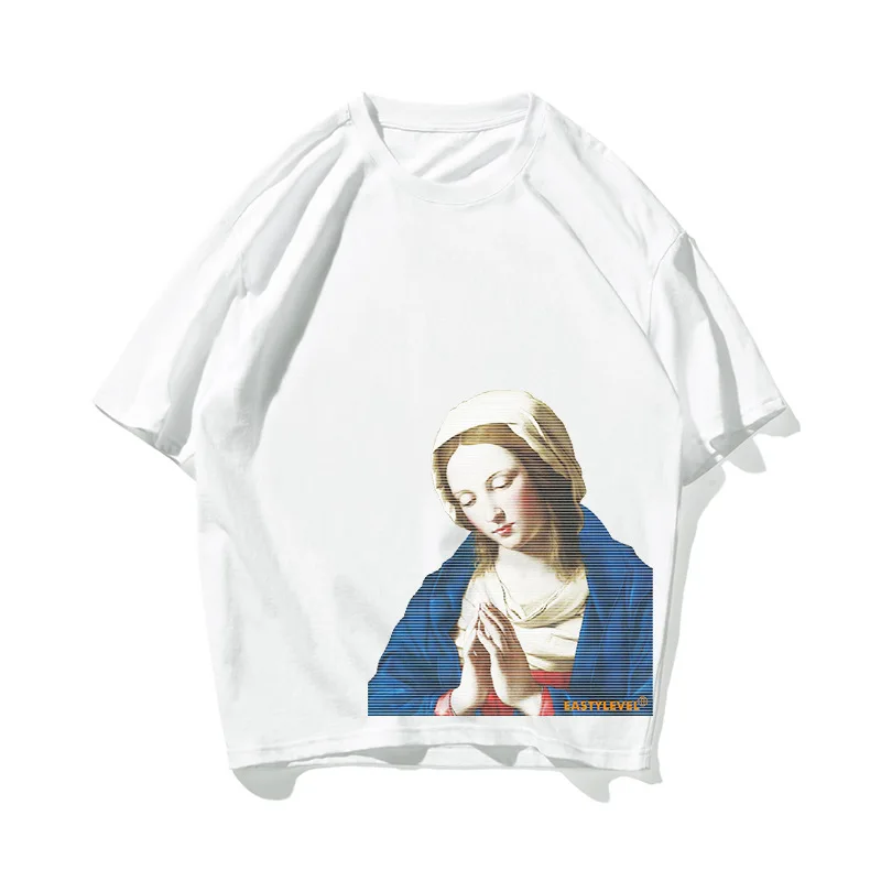 

European And American Retro Trend Men's And Women's Short-sleeved Virgin Printed Loose Shoulders Couple T-shirt Top
