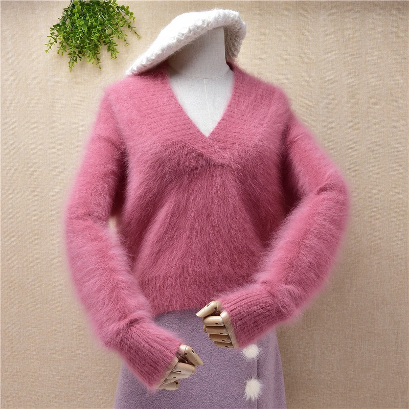 

ladies women fashion sweet pink V-neck short crop top mink cashmere loose pullover angora fur knitted jumper sweater winter