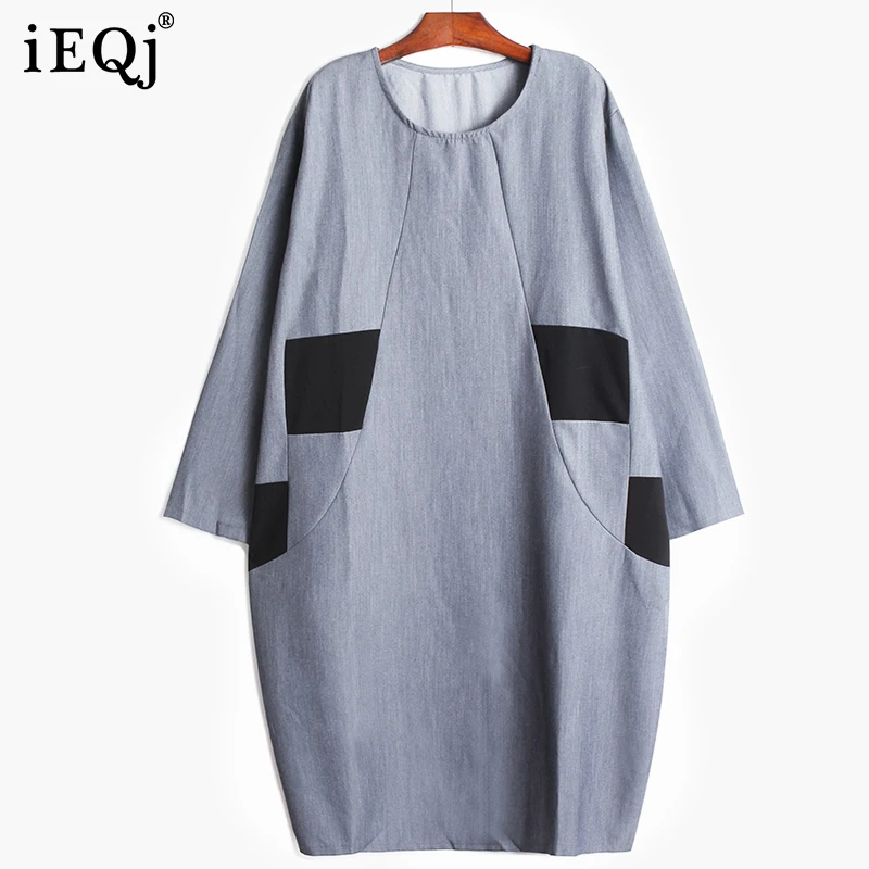 

IEQJ 2021 Autumn Winter New Contrast Color Splicing Round Neck Dress Women Loose Long Sleeve Dresses Female Fashion 3W286