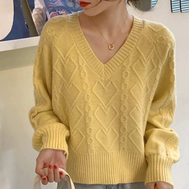 Pullover Sweater loose lazy high sense long sleeve V-Neck Sweater women's autumn and winter 2021 new top