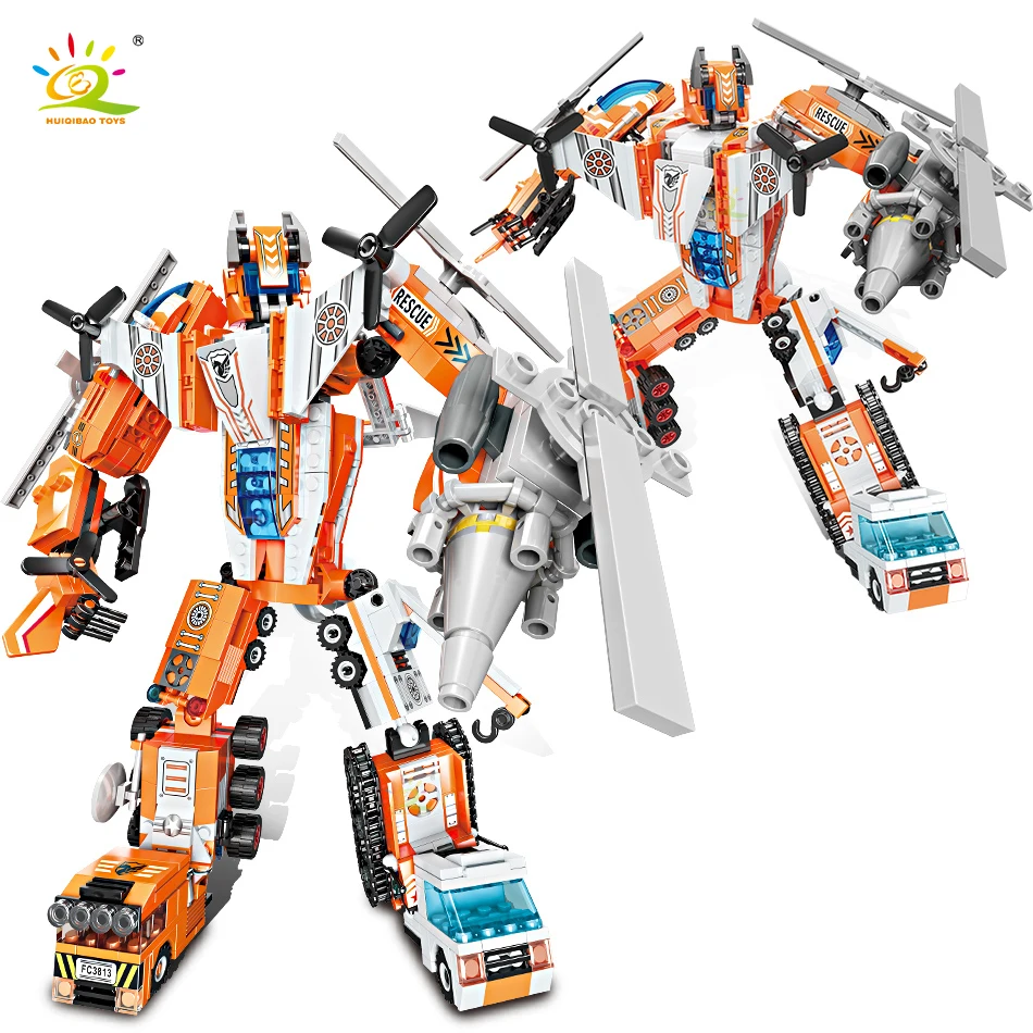 

HUIQIBAO 773pcs 8IN1 City Rescue Deformation Robot Building Blocks Search Aircraft Crane Truck Ship Bricks Toys Children Boys