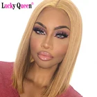 Счастливая Queen эффектом деграде (переход от темного к Мёд блондинка короткие парики 13x4 Синтетические волосы на кружеве человеческие волосы парики предварительно вырезанные для черный Для женщин малазийские Волосы Remy