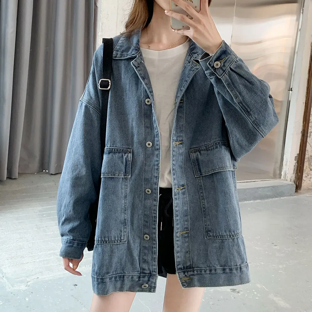 

Blue Jean Jacket Women Autumn Korean Style Loose Single Breasted Denim Jacket Women Casual Long Sleeve Denim Coat Mujer Chaqueta