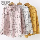 Рубашка женская с длинным рукавом, Повседневная Блузка в Корейском стиле с принтом кота, свободного покроя, модный топ для девушек, 2021, осень 6828