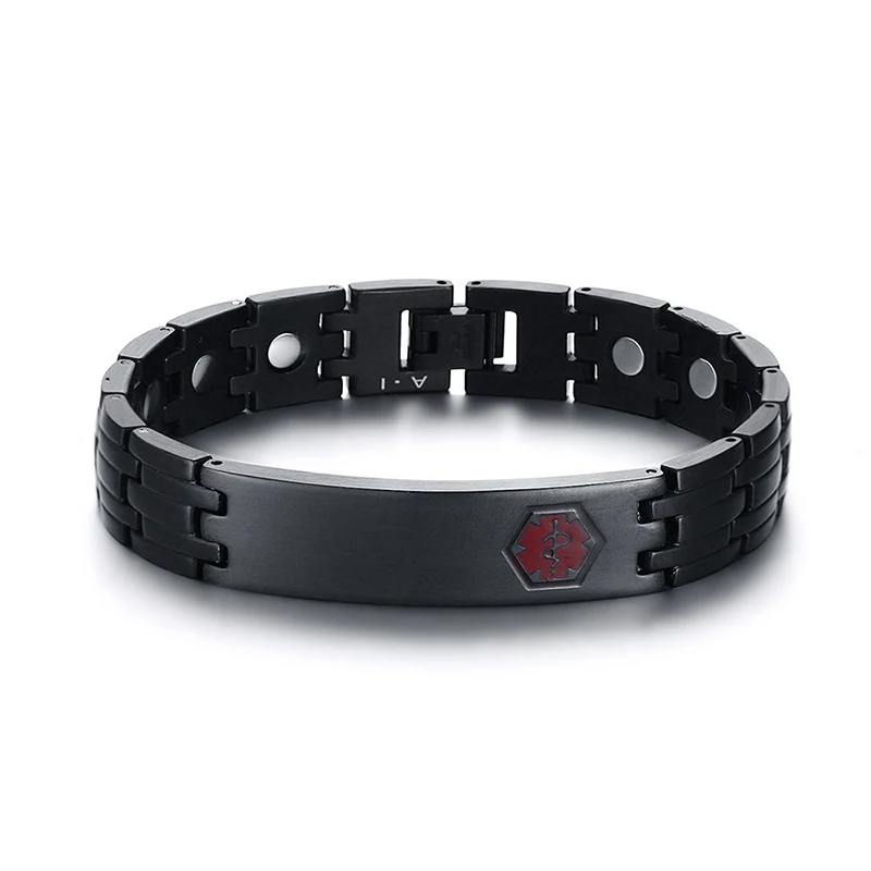Free Engraving Mens Bracelets Stainless Steel Medical Alert ID Bracelets with Therapy Bracelet in Black Pain Relief