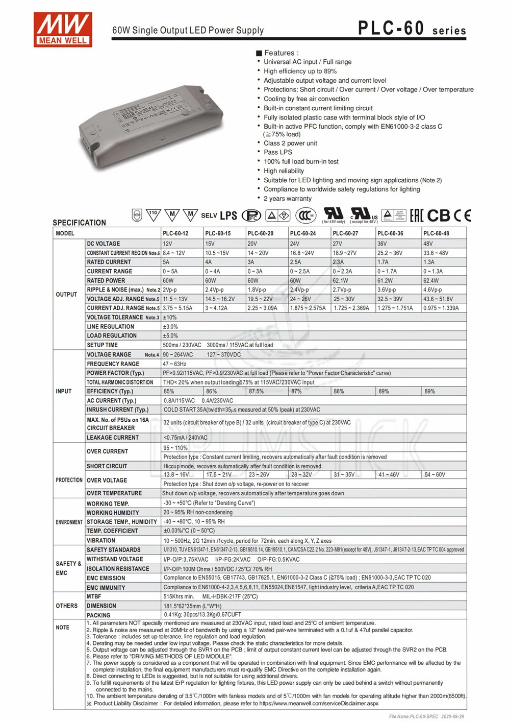 Harmonious MEAN WELL PLC-60-48 48V 1.3A meanwell PLC-60 62.4W Single Output LED Power Supply | Обустройство дома