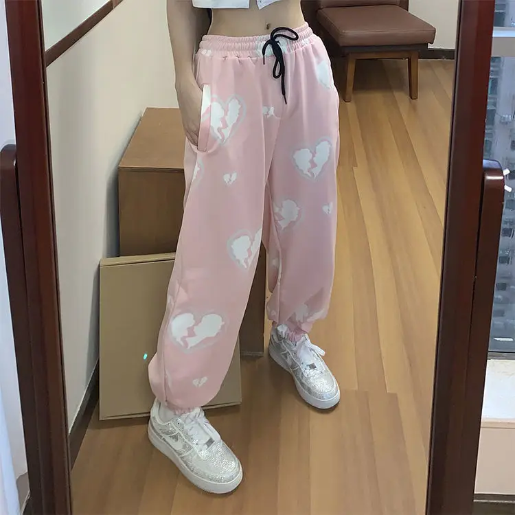 

MINGLIUSILI Summer Fashion Print Sweatpants Women Pink Korean Style Joggers Women High Waist Streetwear Loose Casual Pants