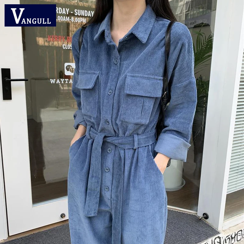 

Vangull Fashion Vintage Corduroy Women Jumpsuits Long Sleeve High Waist Wide Leg Playsuit Female Loose Sashes Overalls Playsuits