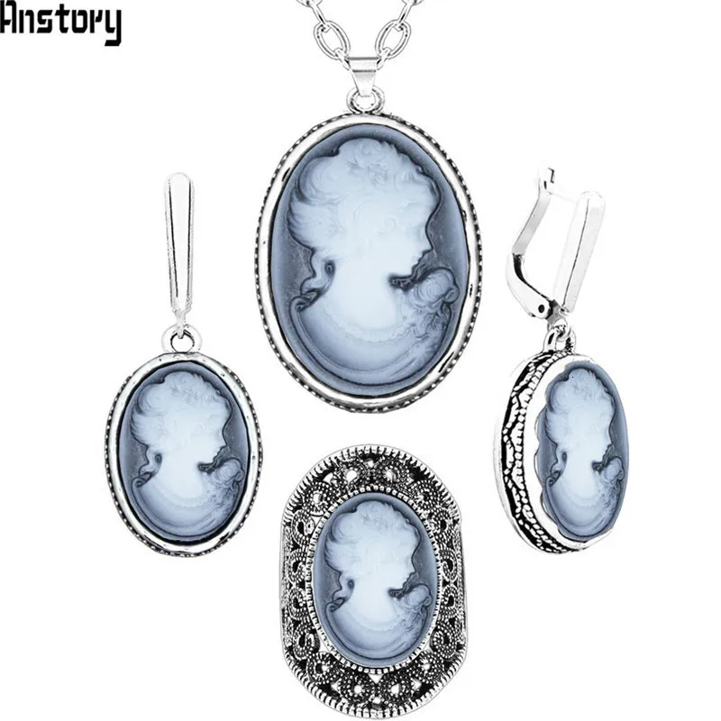 Lady Queen Cameo Jewelry Sets Vintage Necklace Earrings Ring For Women Flower Pendant Fashion Party Fashion Jewelry