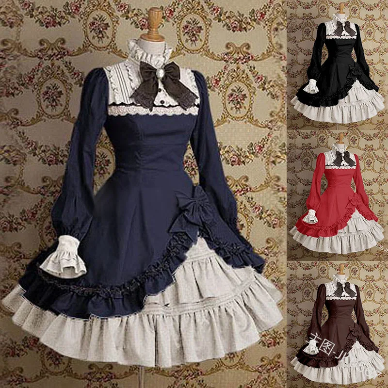 

Palace Vintage Sweet Lolita Dress High Collar Flare Sleeve Bowknot Lace Victorian Dress Kawaii Girl Gothic OP Loli Princess Dres