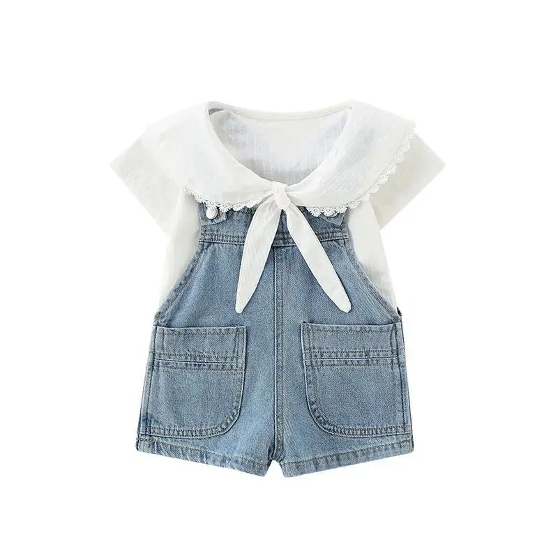 

Girls' fashion short sleeve shirt suit trend girl baby denim strap shorts summer two piece suit