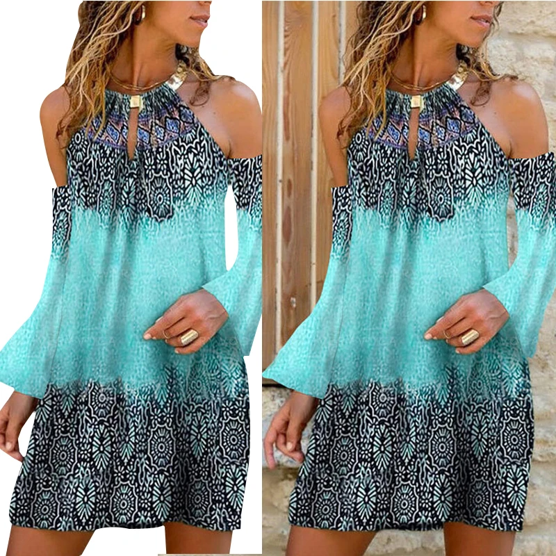

Print Cold Shoulder Sleeve Shift Above Knee Casual Dresses Neck Hanging for Women Summer LXH