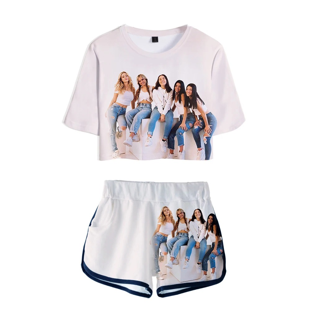 

Hip-hop Belly Button t-shirt Two-piece Set + Shorts Ladies Sexy T Shirt Set Brand Design The Hype House Young Girl Rholycrown