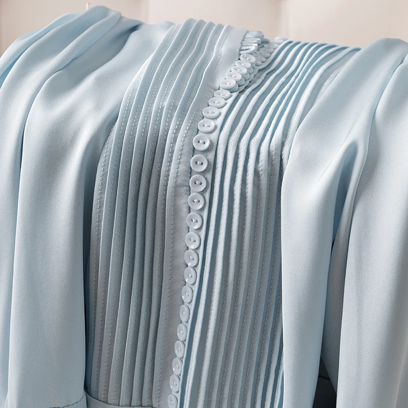 

Natural Real Silk Women Blue Shirt Elegant V-neck Nine Quarter Sleeve Shirts Buttons Spring Autumn Office Lady Solid Blouse Tops