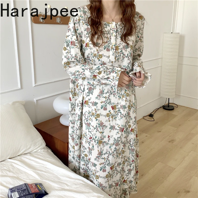 

Harajpee New Pajama Can Be Worn Outside New Long Sleeved Cotton Loose Retro Home Clothes Long Nightdress Comfortable 2021