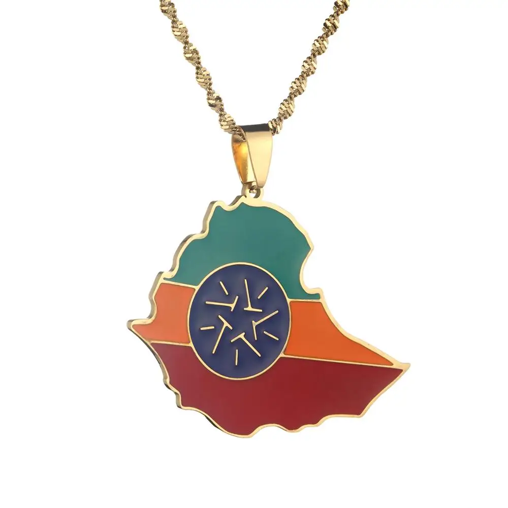 Нержавеющая сталь Мода эфиопская карта кулон в форме флага ожерелья Золото Цвет