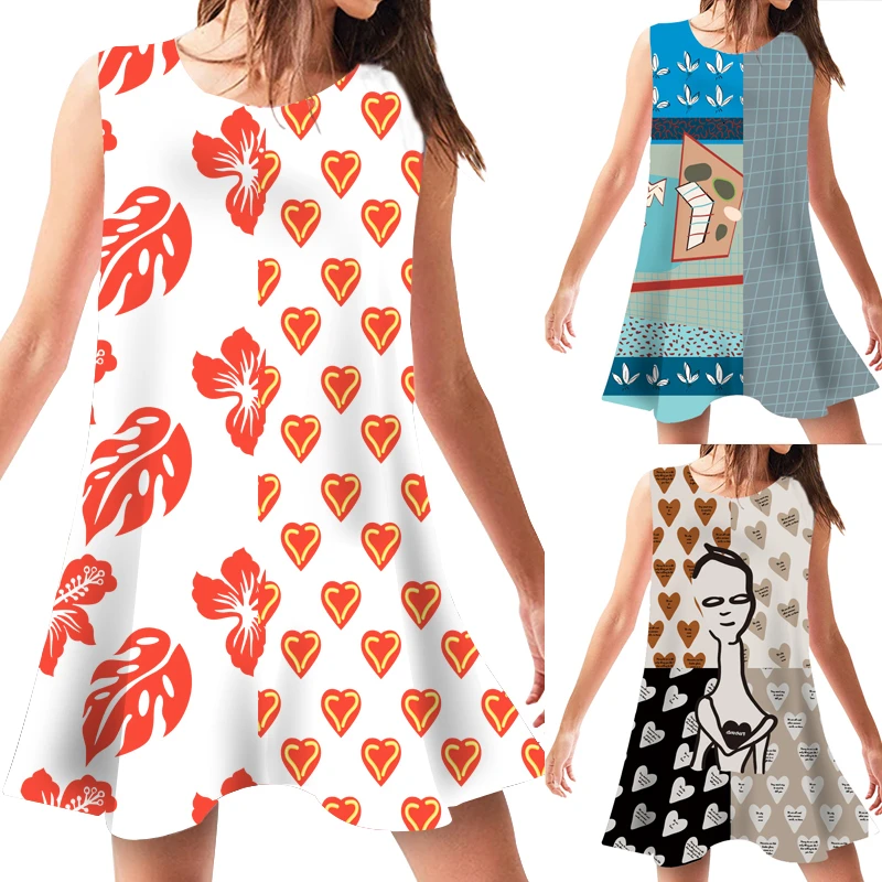 Пляжное летнее платье без рукавов Casual Sleeveless Sundress Beach Wear Summer Loose Dresses Women Patchwork Plant Print Dress Sexy Swing Clothing Vestido.