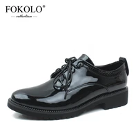 fokolo casual shoes women patent leather round toe lace up flats 2021 spring and autumn genuine leather ladies shoes handmade p9