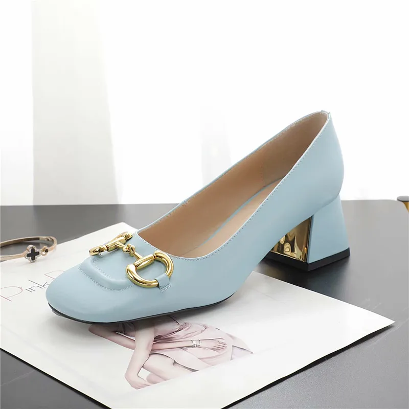 

KccooK 2021new women's banquet shoe with candy color cowhide, thick heel, horse bit buckle and 5cm medium heel height
