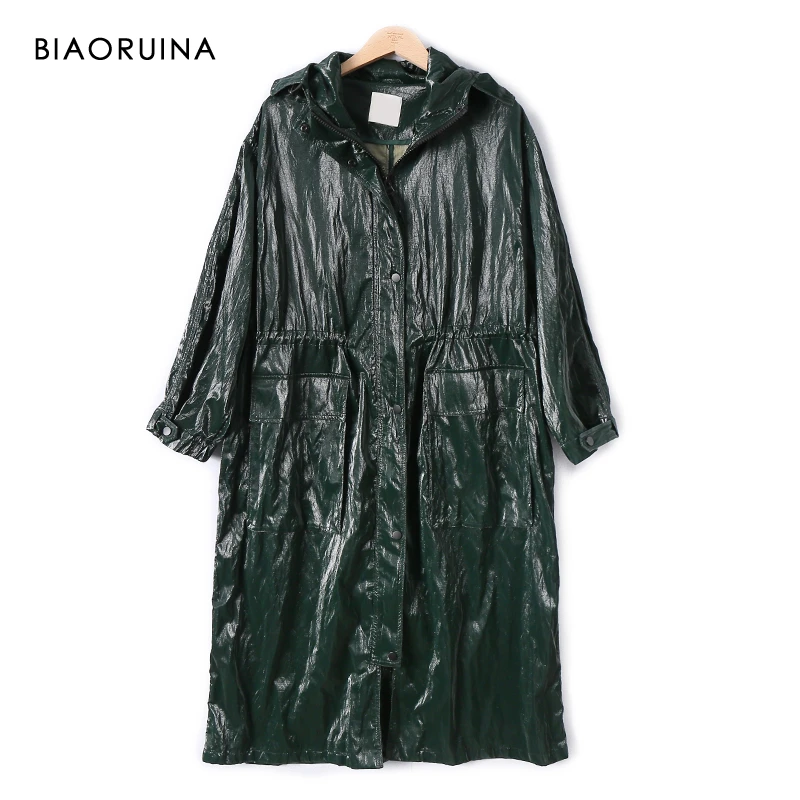 BIAORUINA женский зеленый глянцевый водонепроницаемый длинный Тренч с капюшоном