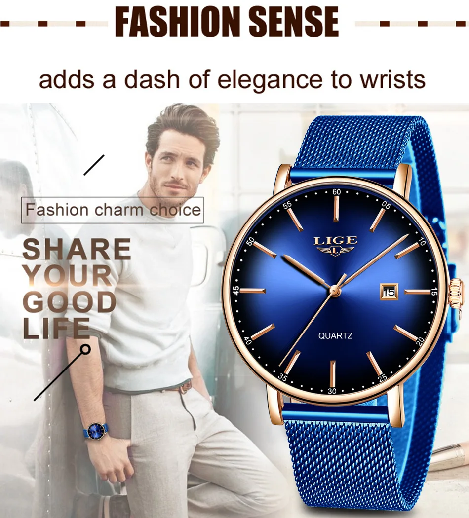

LIGE 9934 Couple Watch Top Brand Luxury Ladies Mesh Belt Ultra-thin Watches Men Wrist Stainless Steel Waterproof