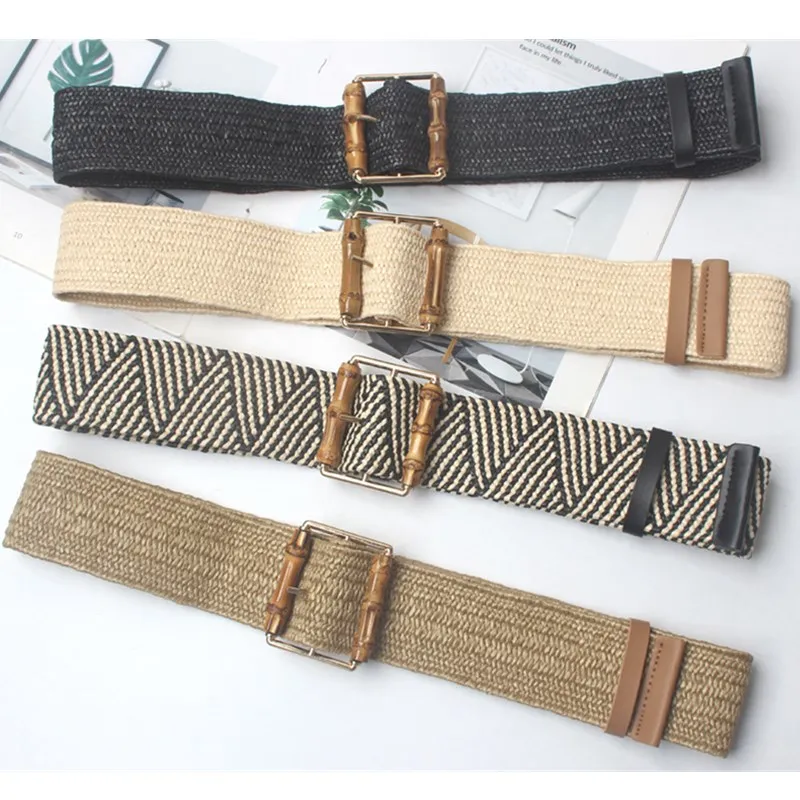 Женский квадратный ремень Winfox плетеный с деревянной пряжкой эластичный из