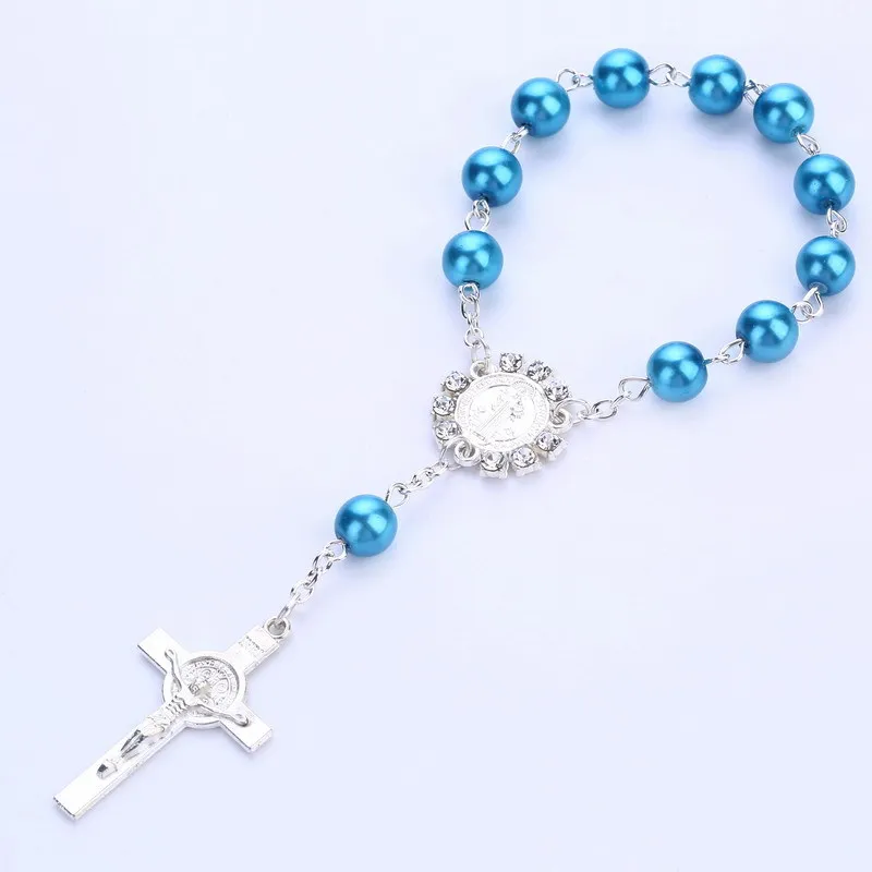 

6 Colors Religious Unisex Women Wedding Gifts Christening Catholic Be Baptized Prayer Beads Glass Pearl Cross Rosary Bracelet