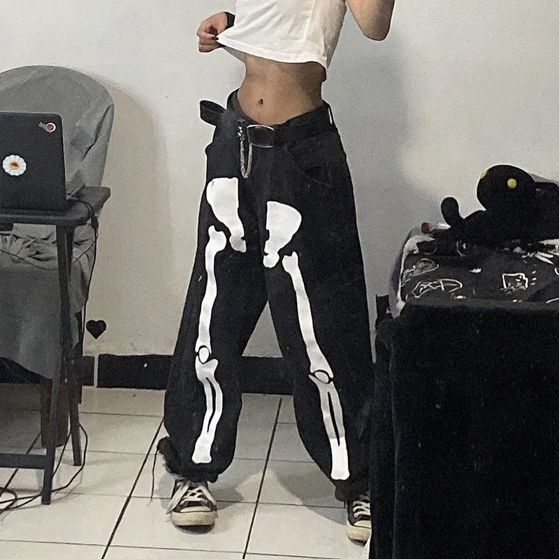 Black Skeleton Printed Women's Jeans Harajuku Loose Goth Pants Streetwear Hip Hop Baggy Jeans Woman Denim Trousers Y2K Clothes