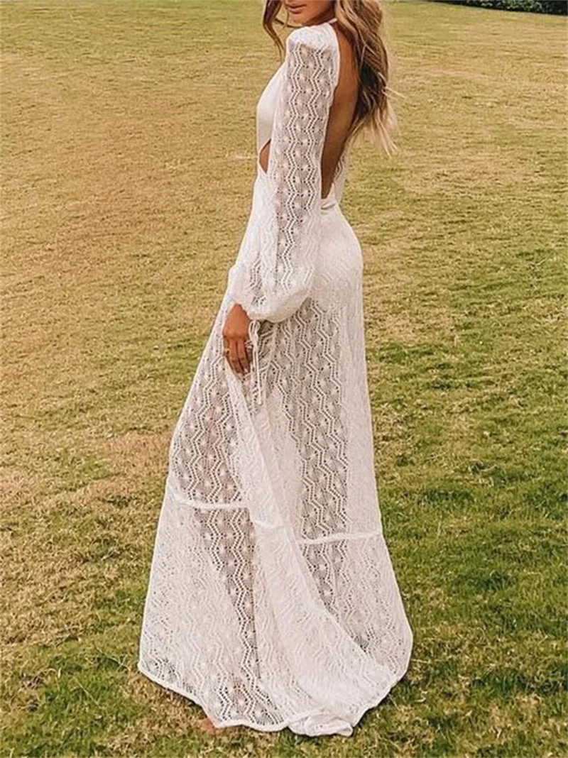 

Deep V Mesh Perspective Sexy Dress Women White Elegant Summer Dress Hollow Out Long Sleeve Club Party Dresses