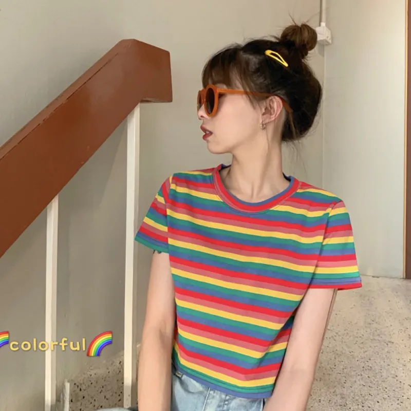 Женская футболка Модный пуловер в радужную полоску с круглым вырезом и коротким