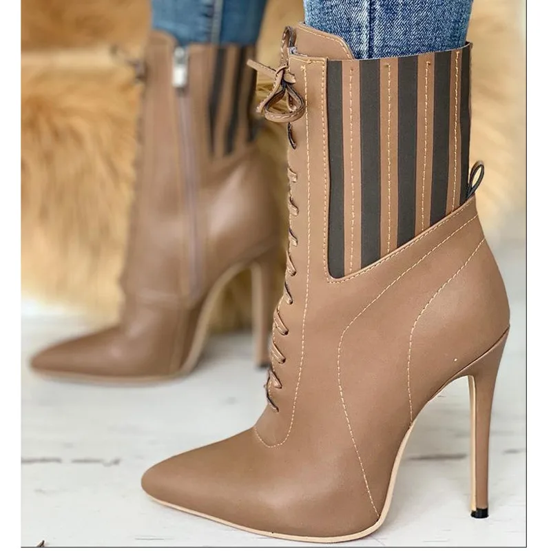 

Sexy Thin High Heel Ankle Boots Women Spring Autumn Pu Zipper Pointed Toe Booties 2021 New Cross-tied Short Boots Female Shoes