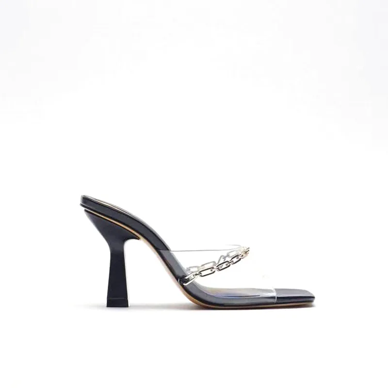 

2021 Summer New Transparent PVC With Chain Tape Women's Slippers Chunky Heel Sandals Round Toe large size 41 Outdoor Slides