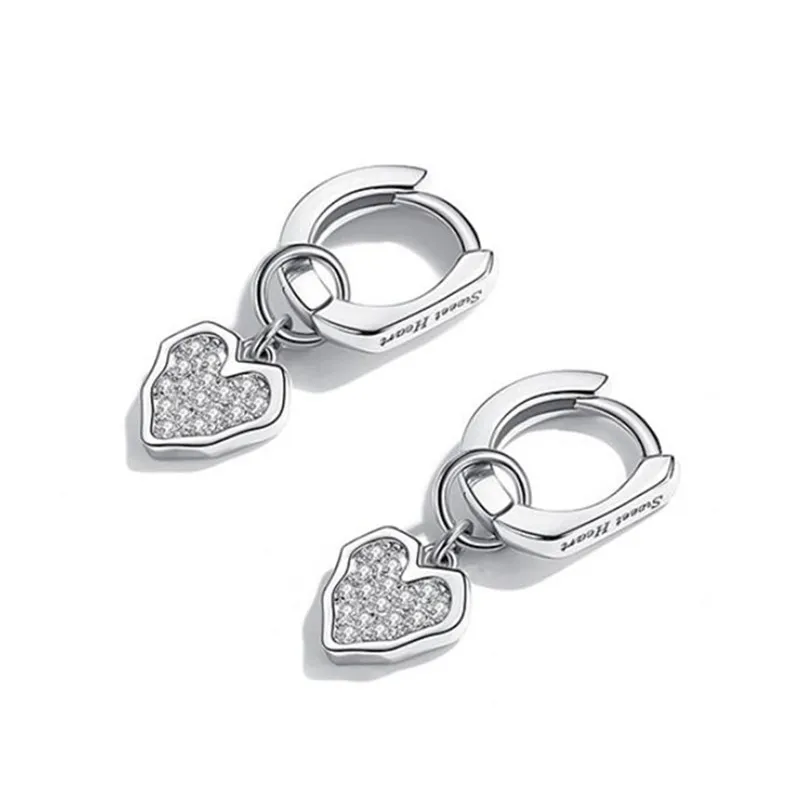

925 Sterling Silver Zircon Heart Charm Piercing Stud Earrings For Women Girls Wedding Party Jewelry Pendientes eh318
