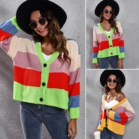 2022 spring autumn new womens striped fashion cardigan knitwear female v neck long sleeve loose sweater lady casual short coat