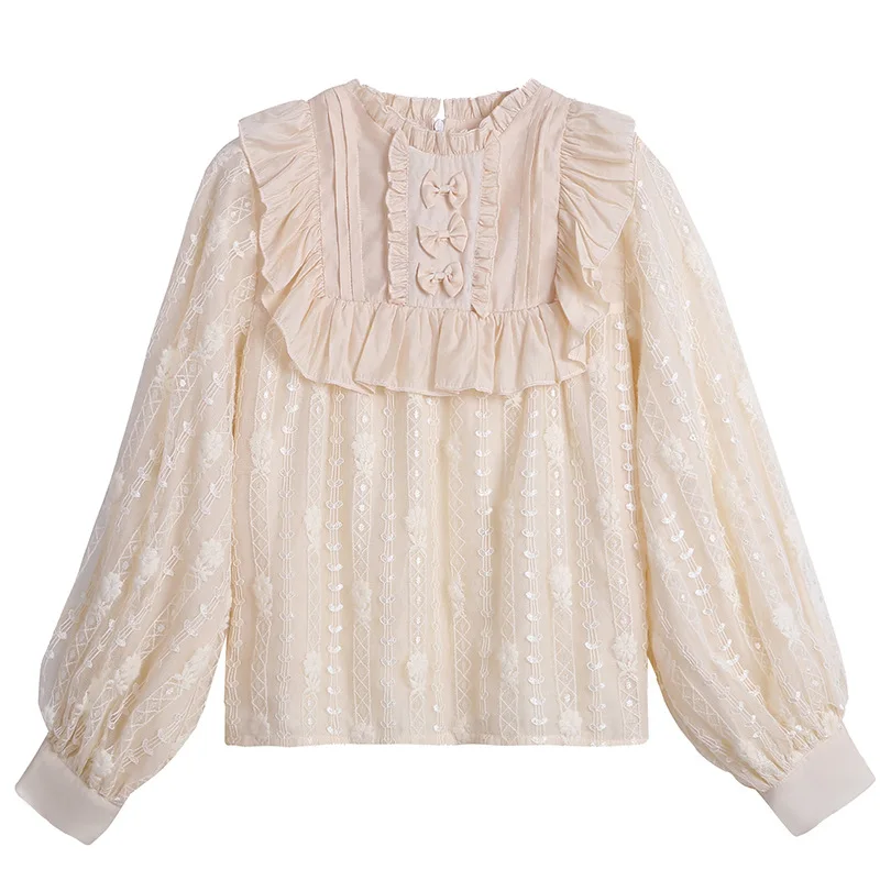 Блузка в стиле японской Лолиты Винтажная блузка с кружевным бантом и пышными