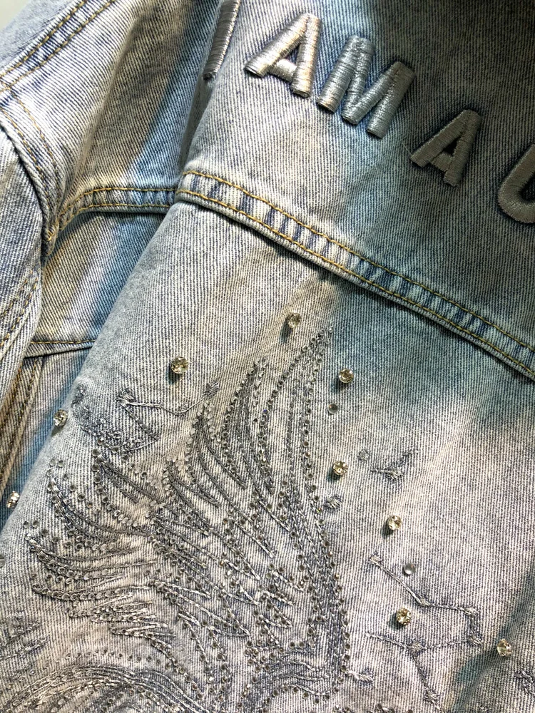 

Real Fox fur collar thicker warm denim jacket female winter real rabbit fur liner detachable diamond beading real fur coat F2064