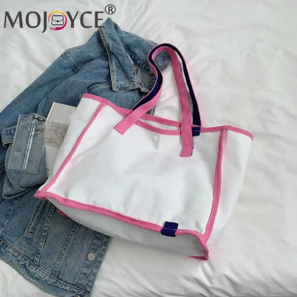 

Fashion Women Canvas Shoulder Shopping Bag Ladies Contrast Color Travel Tote Handbags Large Capacity Hand Bags