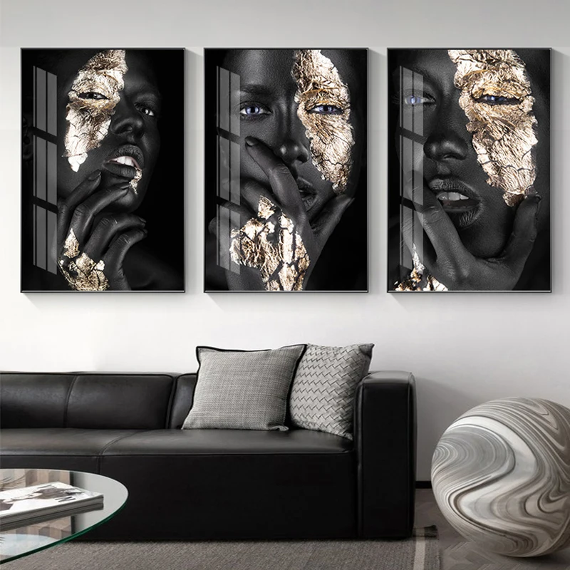

African Art Black Gold Woman Oil Painting on Canvas Cuadros Posters and Prints Scandinavian Wall Picture for Living Room Decor