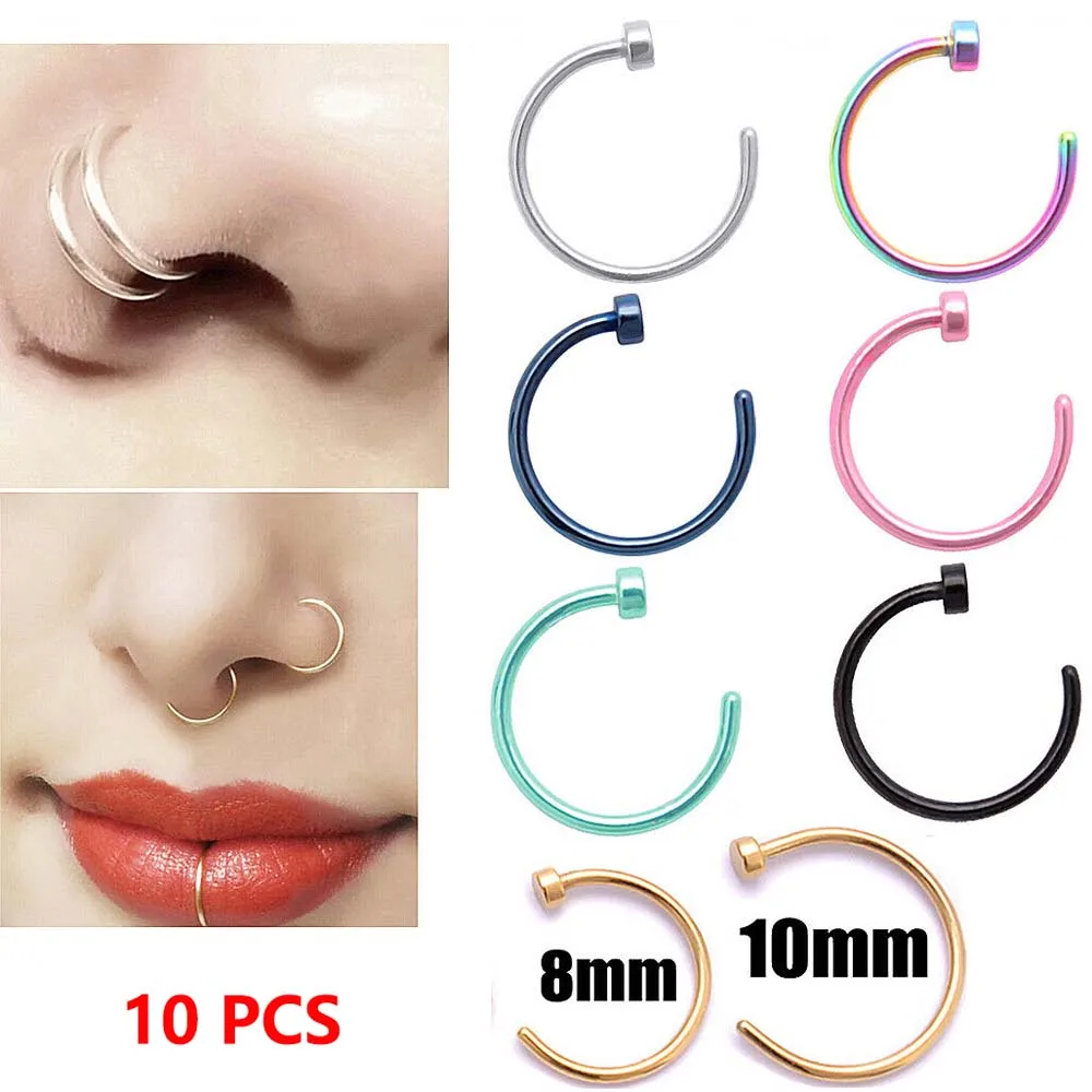 10 Pcs Simple Ear Ring Sale Surgical Steel Fake Piercing Stud Sexy On 8/10mm Clip Small Hoop Open Nose Ring Thin Titanium Steel