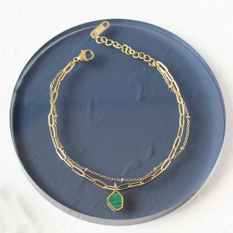 

Amaiyllis 18K Gold Irregular Geometric Stripe Green Grain Stone Double Chain Bracelet Simple Bracelet For Women Jewelry