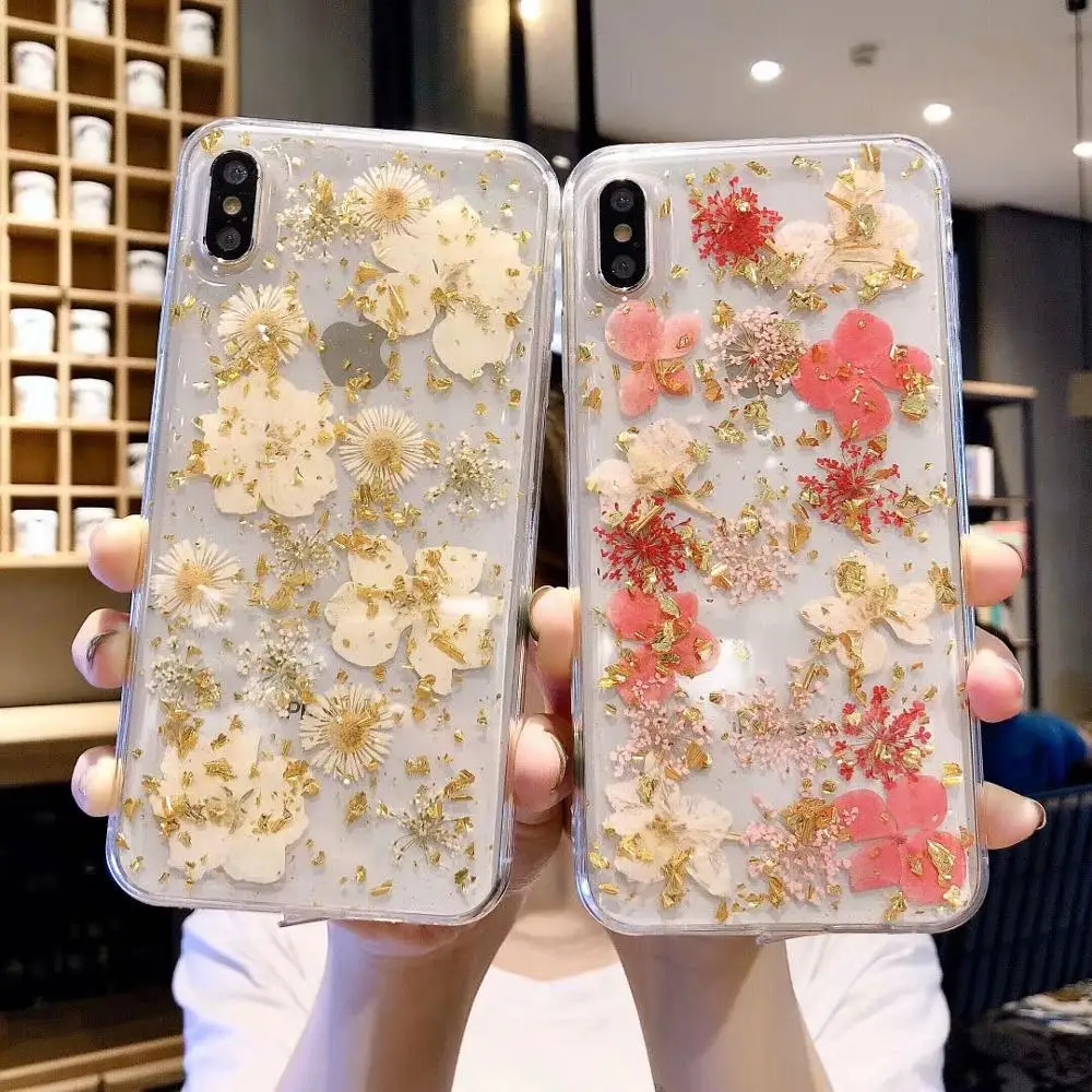 Чехол Qianliyao для телефона с настоящими сушеными цветами iphone 12 11 pro max X XS XR 7 8 plus 6 6s SE