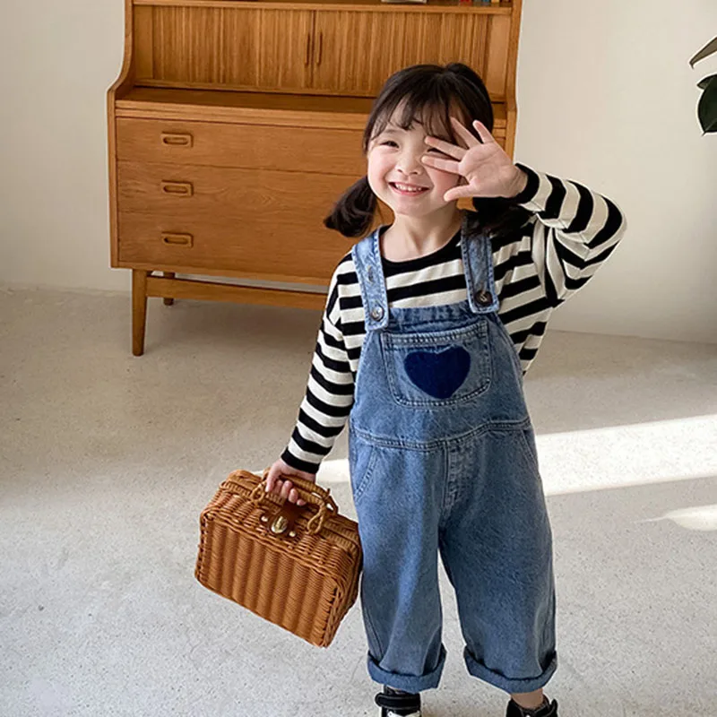 

Keelorn Kids Girls Overalls 2021 New Summer Baby Heart Print Denim Pants Korean Fashion Children Solid Cotton Clothing 1-7T